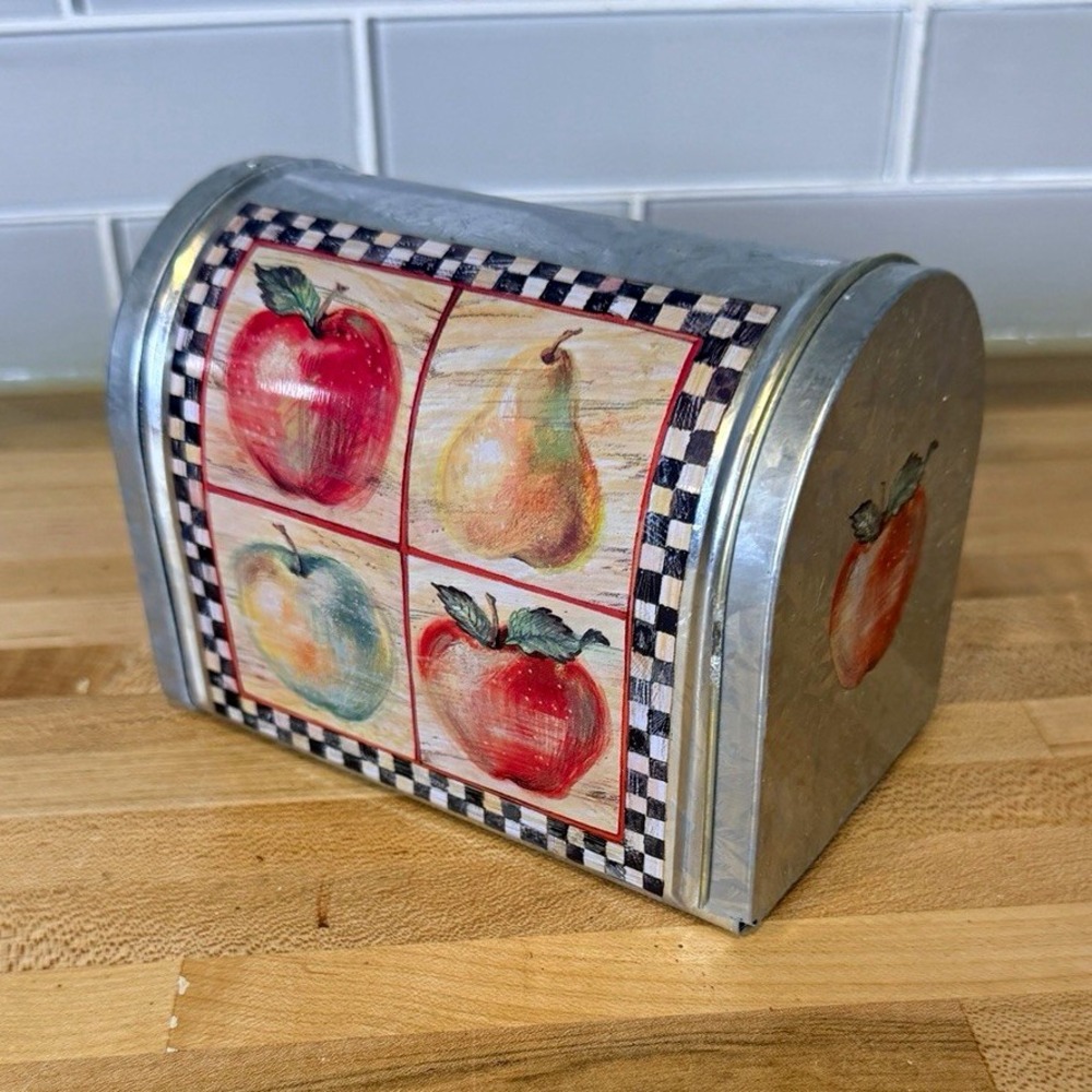 Silver Metal Mini Mailbox Tin Container Fruit Apple Design Red Flag Small 6in